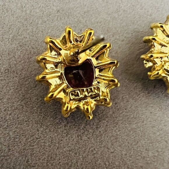 Vintage ROMAN Faux Pink Sapphire Ruby Rhinestones Stud Earrings Flower NICE 4081 - Picture 11 of 13